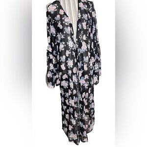 Band Of Gypsies  Sz Large Open Cardigan Floral Black Semi Sheer Open Kimono